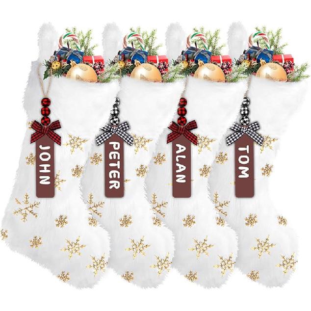 XIMISHOP 4PCS White Christmas Stockings, Large Xmas Glitter Snowflake Plush Hanging Stocking Decoration with Name Tags for Christmas Holiday Family