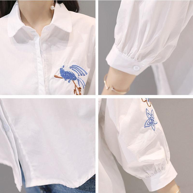 Women Cotton White Short Sleeve Shirt Summer Embroidery Floral Bird Ethnic Style Casual Top