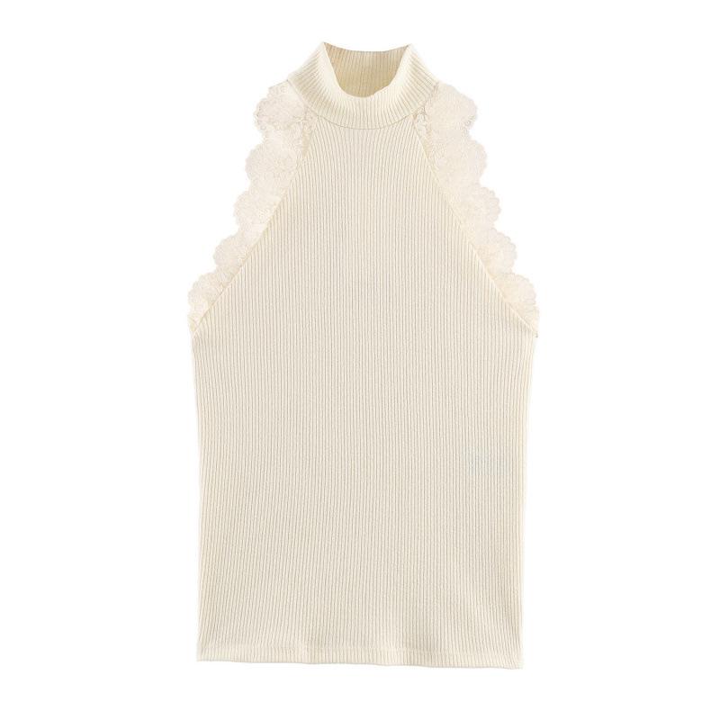

2026 Spring European & American Sleeveless Lace Ribbed Half-High Neck T-Shirt S