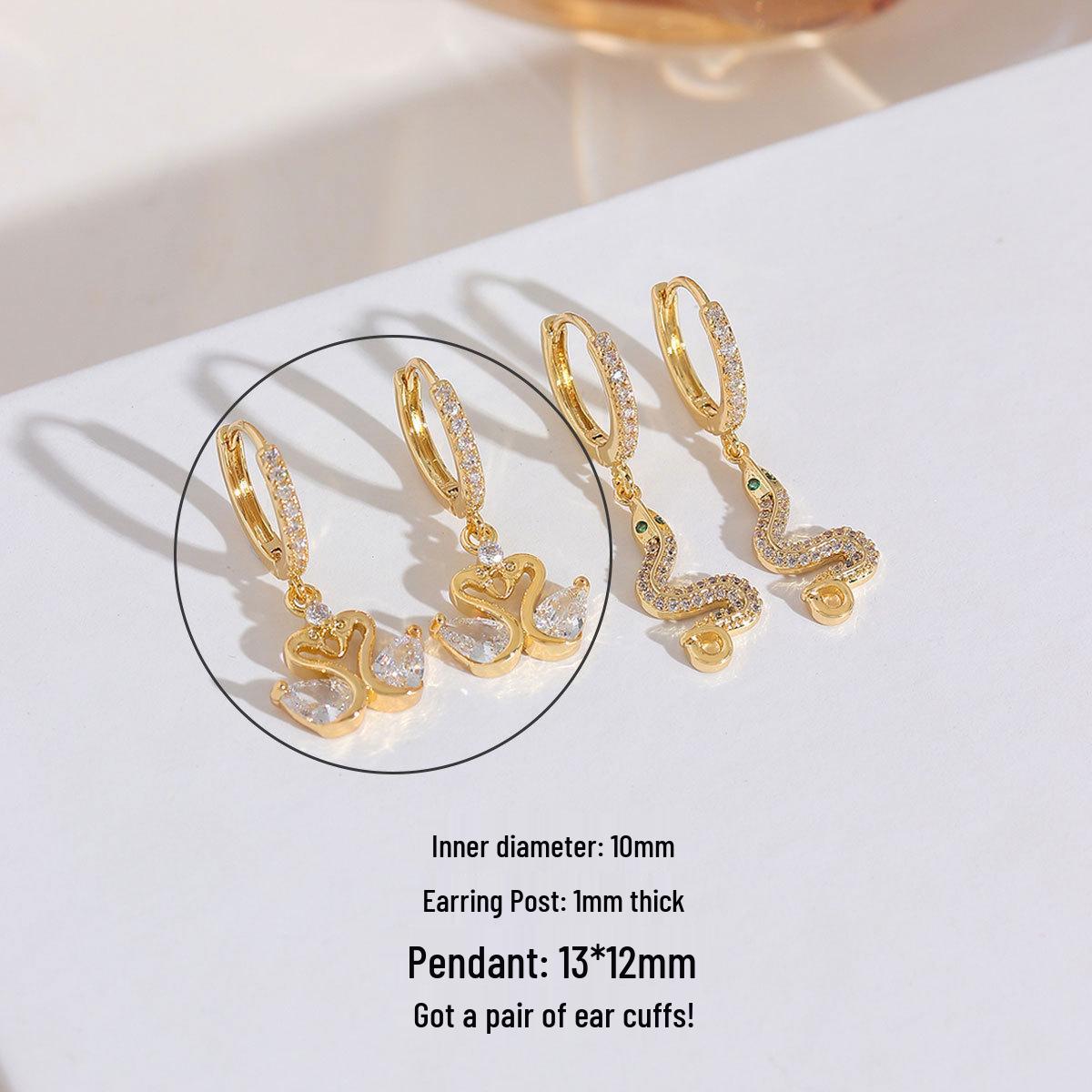 Copper Gold-Plated Swan Snake Earrings - Light Luxury High-End Style Gold Plated, Long-lasting Color