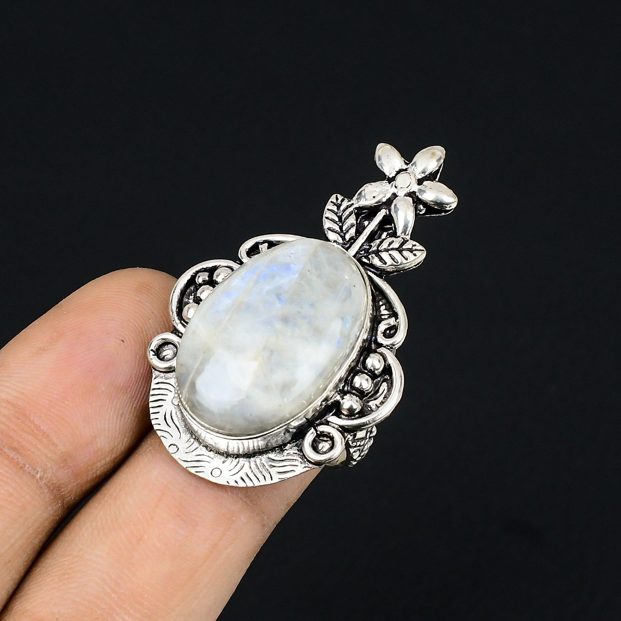 Rainbow Moonstone Gemstone Sterling Silver Statement Flower Ring Jewelry US 6 6