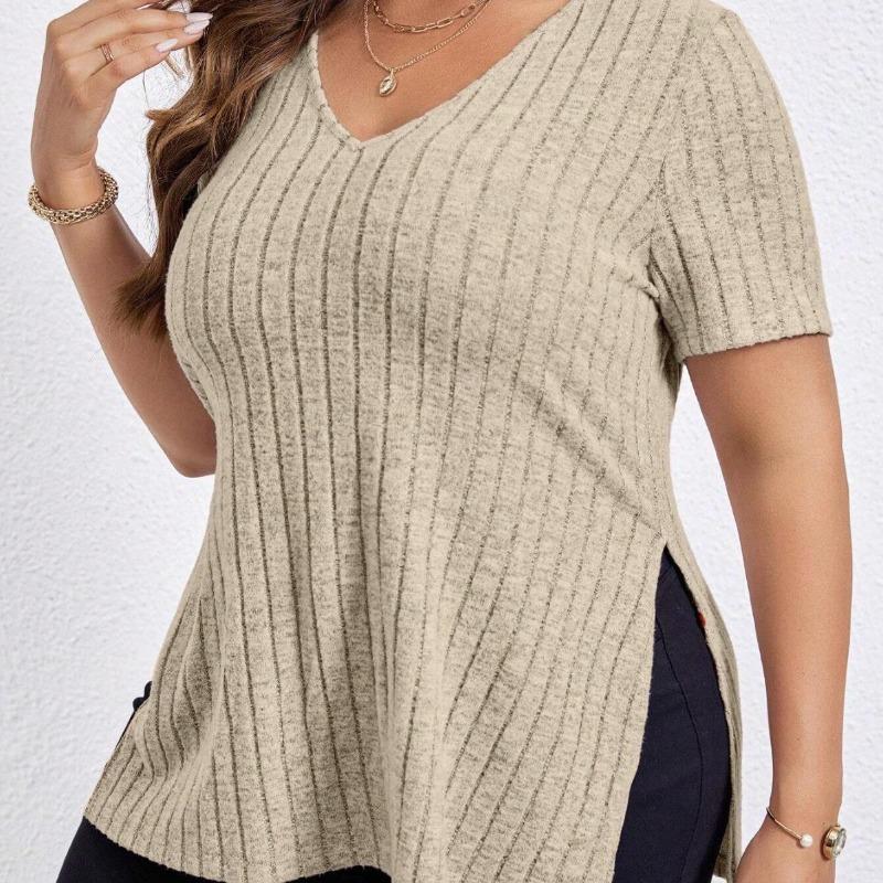 Summer Women's T-shirt Solid Colour Plus Size Women's Tops V-neck Pit Stripes Short-sleeved Open Sleeve Pullover T-shirt