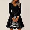 Women's Casual Fashion V Neck Long Sleeve Christmas Printed Party Vintage Long Dresses