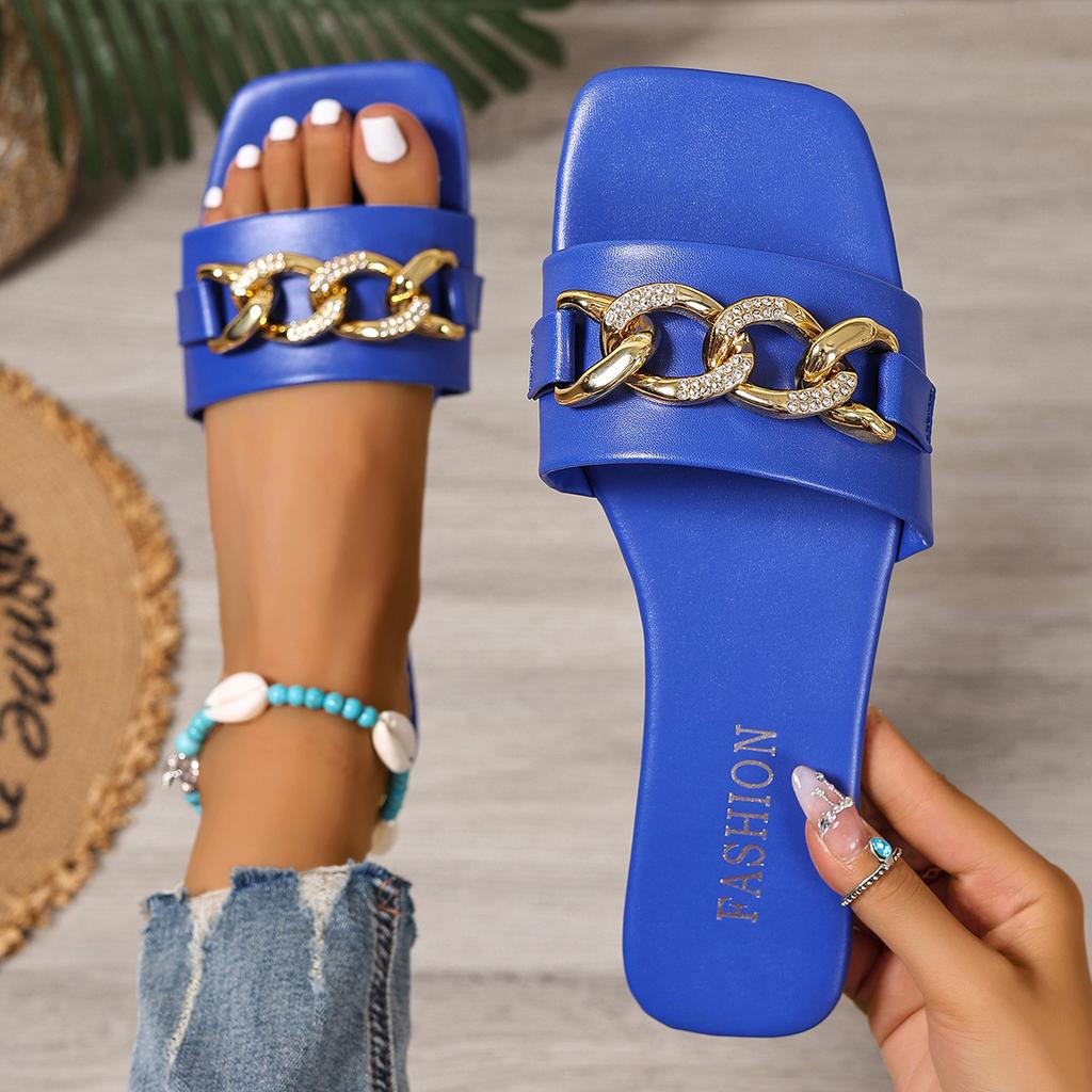 Fashion Fashion Women Slippers Square Toe Chain Slippers 2025 New Flat Beach Sandals Metal Decoration Casual Shoes Home Slides Women