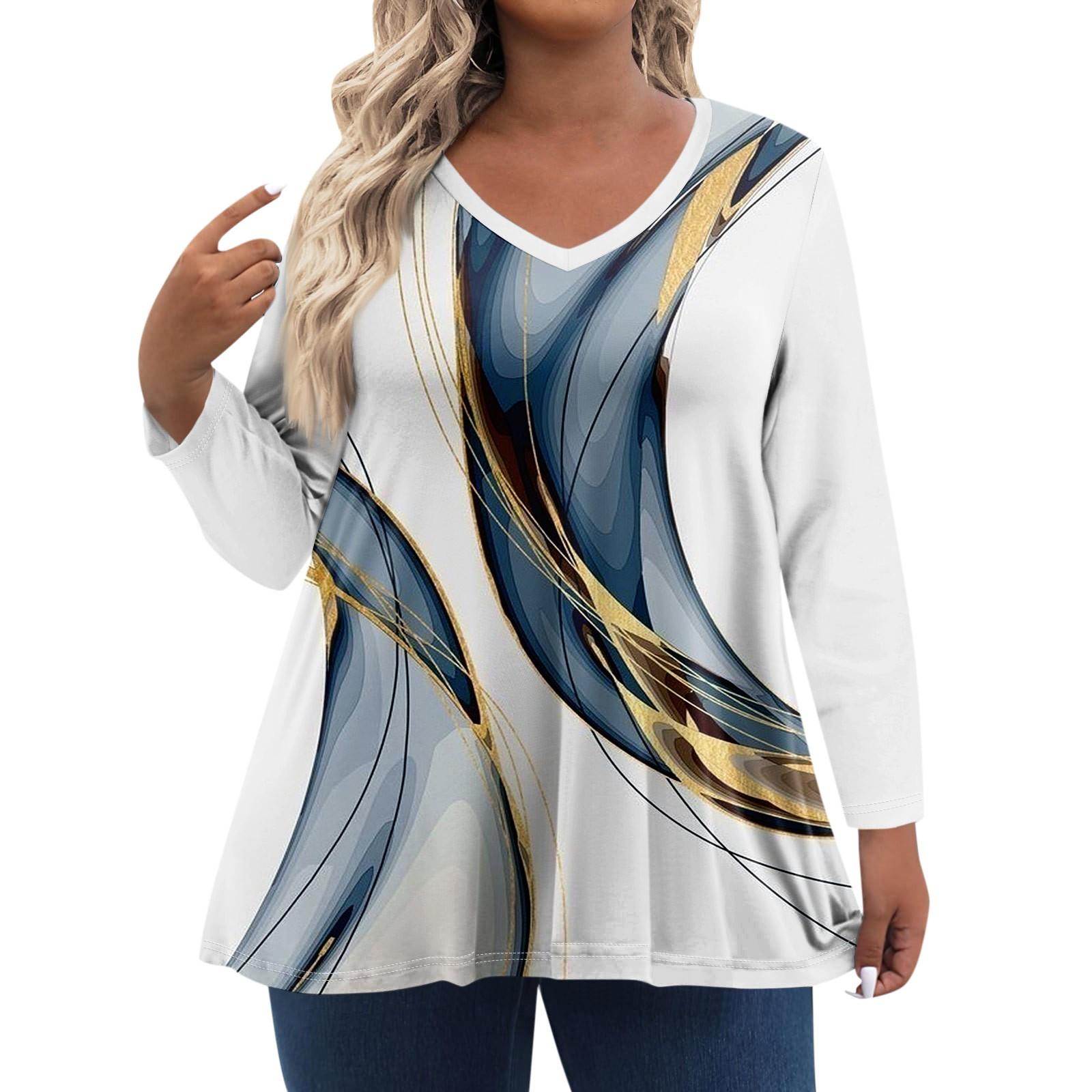 

Женские топы больших размеров с длинным рукавом и принтом, рубашки с V-образным вырезом, повседневная одежда, топы XXXL