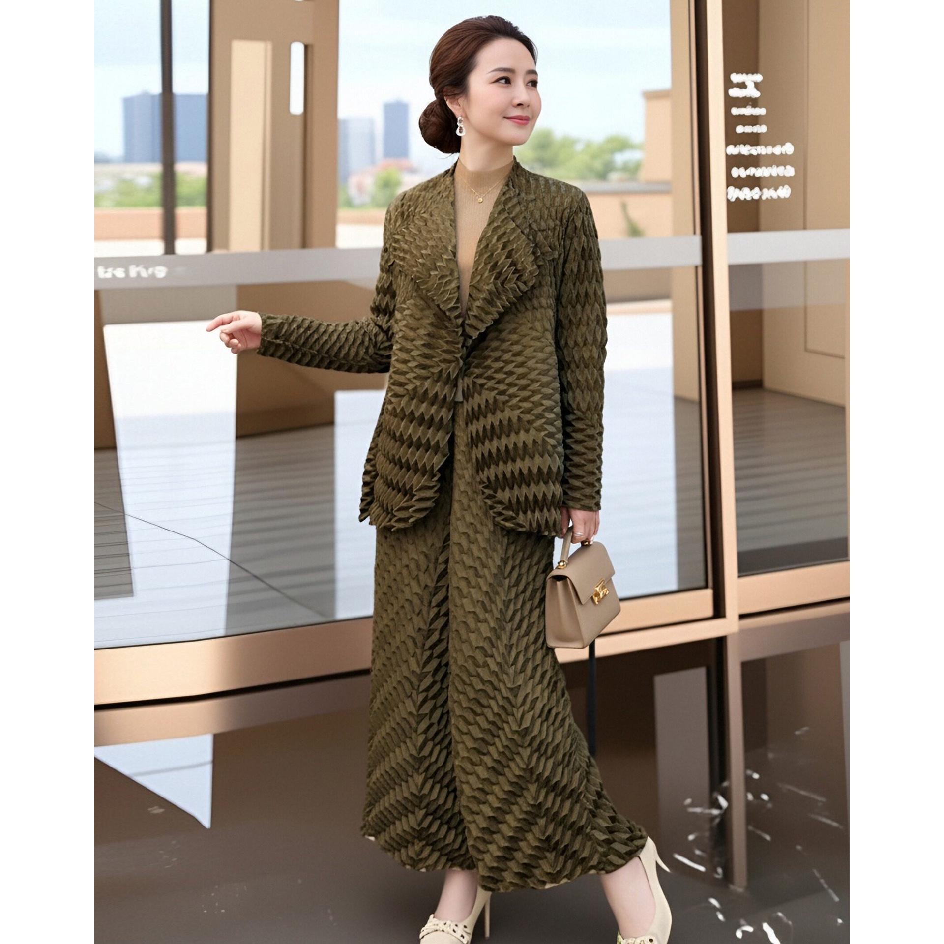 

Women s Spring Gray Pleated Suit Set: Casual Top & Wide-leg Pants Two-piece Set One Size оливковое зеленый