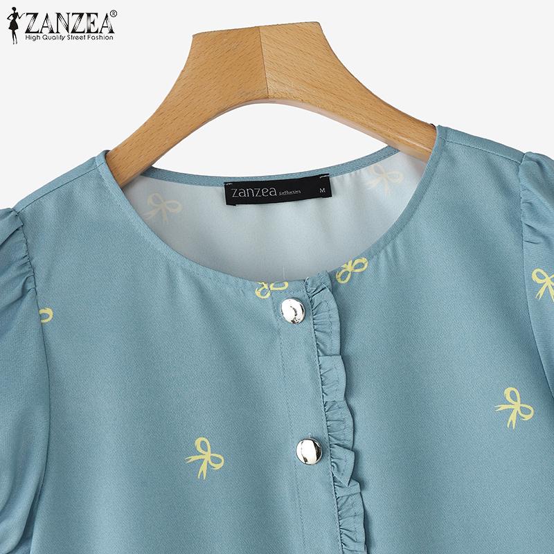 ZANZEA Blusa informal de verano con cuello redondo y manga corta estampada para mujer