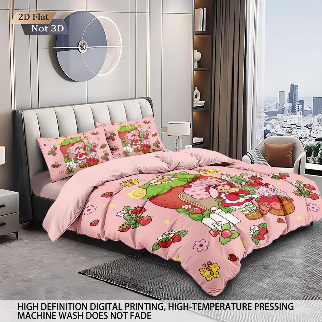 3pcs Pink Strawberry Cake Girl Print Coreless Duvet Cover Set Multi Size Bedroom Bedding Decoration Comfortable Machine Washable