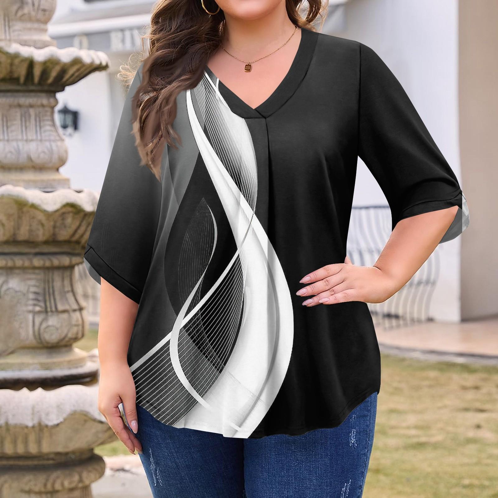 

Women s Fashion Large Size Printed V-Neck Three-quarter Sleeve Top S