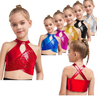 Lányok Jazz Latin Tánc Crop Top Kereszt Kívágás Csillogó Pailletták Metálos Báltermi Jelmez