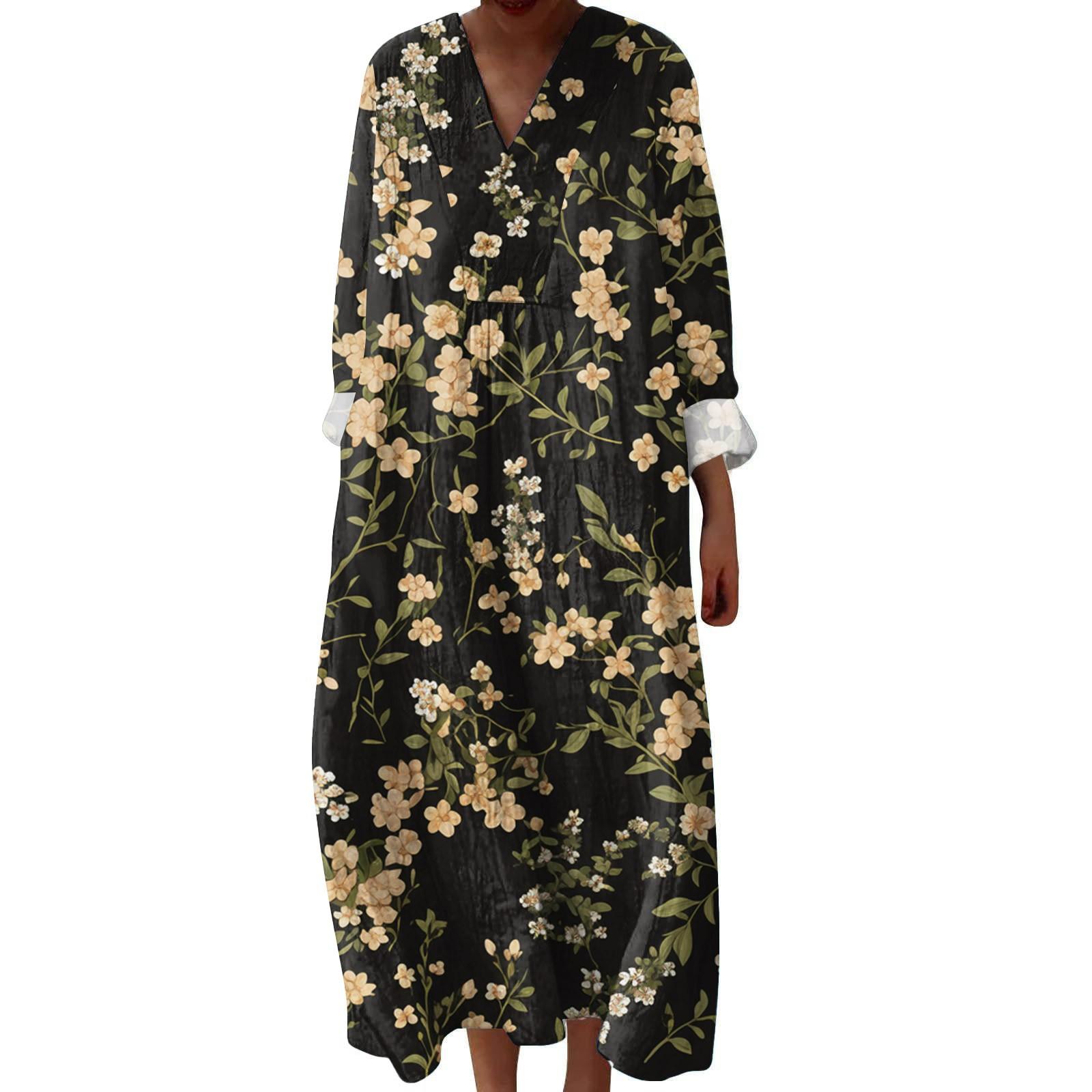 

Женское повседневное и модное платье с V-образным вырезом и цветочным принтом, с длинным рукавом L чёрный