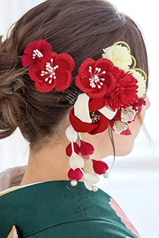 [SOUBIEN] (Soubien) Hair Ornament Set (2 pieces) for Coming-of-Age Ceremony and Graduation Ceremony: Red and White Camellia, Ping Pong Chrysanthemum