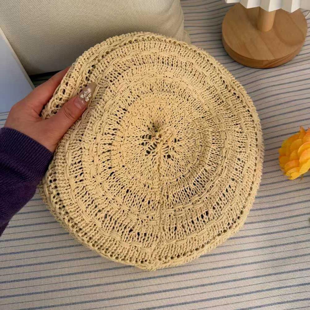 New Retro Style Beret Cap Breathable Hollow Bonnets Cap Polyester Solid Color Sun Hat