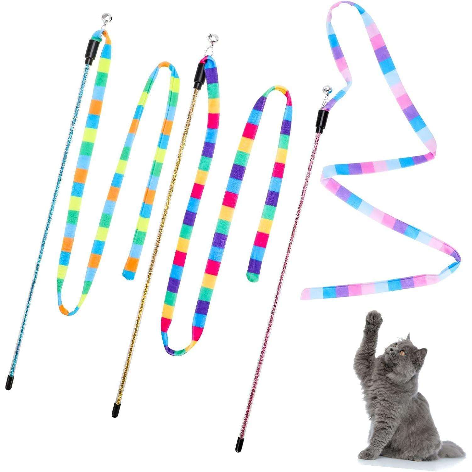 3 Pack Cat Wand Toy,Interactive Cat Rainbow Wand Toys,Interactive Cat Teaser Wand String,Rainbow Cat Teaser Wand String Plush Toy with Bell for Kitten 3-Pack