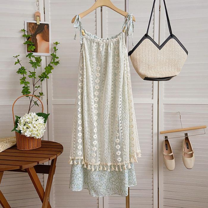 French Retro Fringed Splicing Sweet Dress Children's Summer New Thin Temperament Suspender Sleeveless Medium and Long Dress