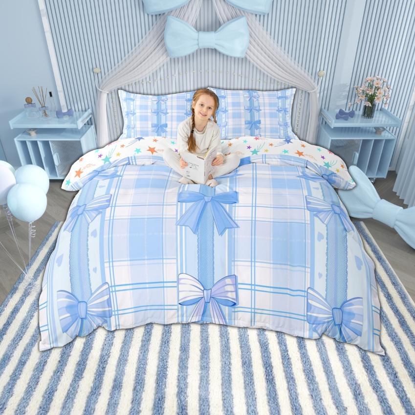Homewish Set Copripiumino con Fiocco per Bambine Set Biancheria da Letto con Fiocco e Nastro da Principessa Set Copripiumino a Quadri con Fiocco