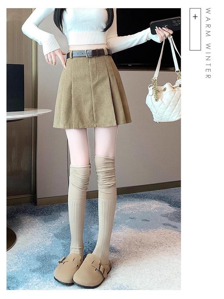 Korean Style A-Line High Waist Pleated Corduroy Skirt - Short, Anti-Exposure, 2024 Autumn/Winter Collection (No Belt)