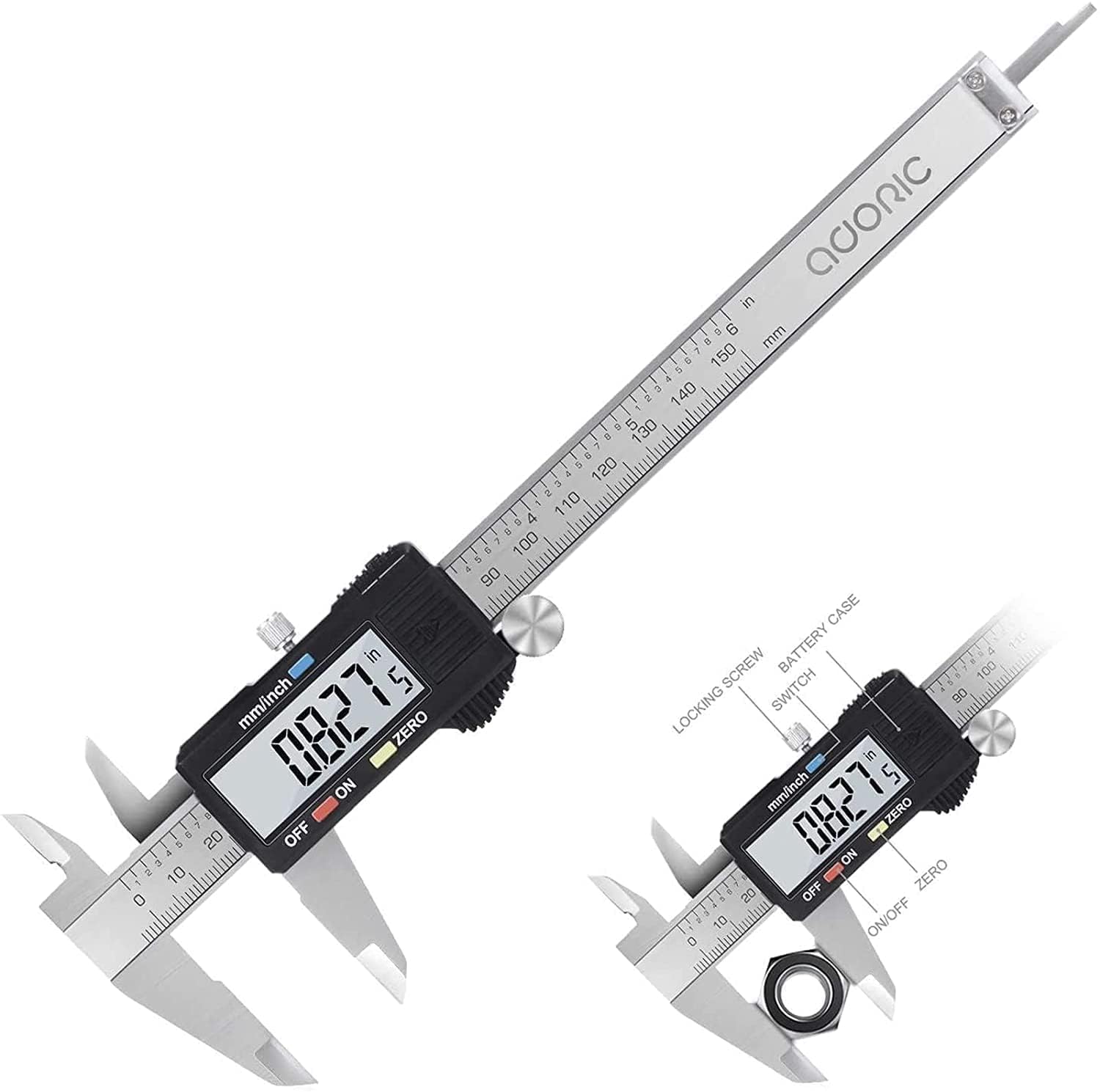 

ADORIC Vernier 150mm with Stainless Steel and Carbon Fiber Large Character Zero Set High DIY Outer Inner Step Hold Waterproof and Includes Spare