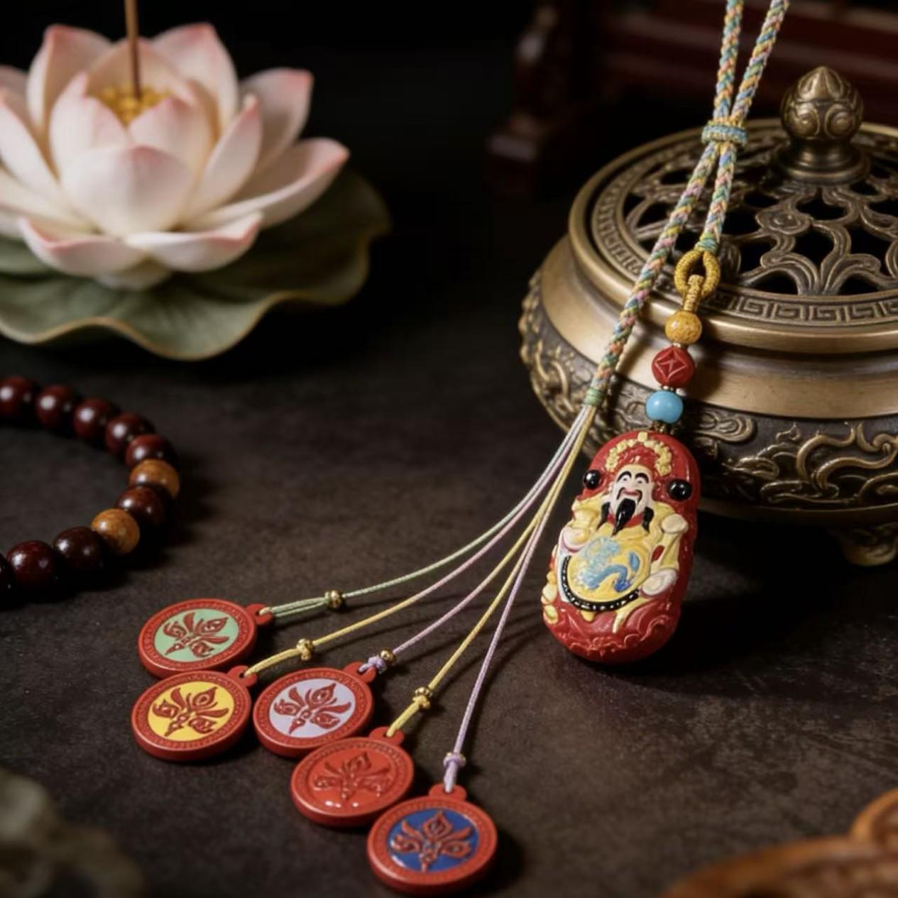 High-End Vermilion Red Sand Painting: Five Paths to Wealth Car Pendant - Handmade Original Design Genuine High Content Vermilion (Approx. 75%-80%)