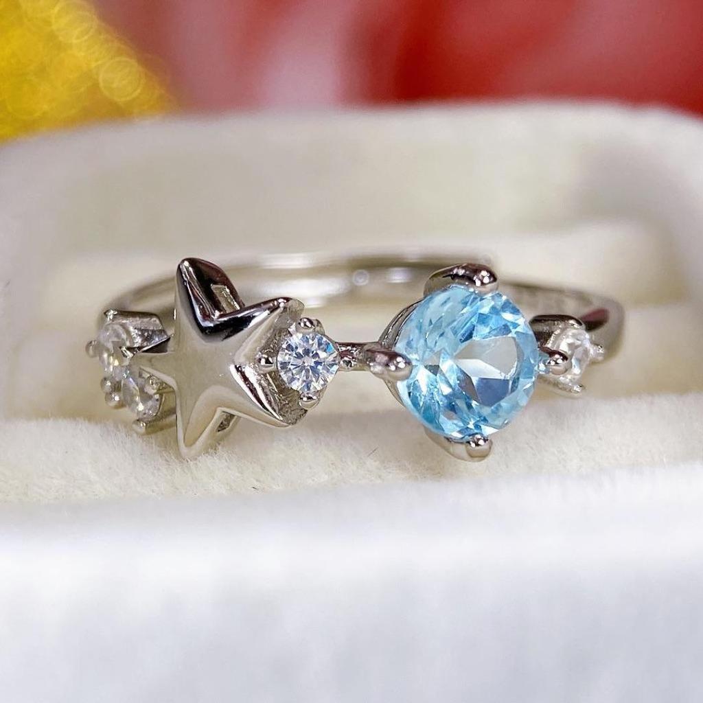 Natural Blue Topaz European & American Style 925 Silver Ring