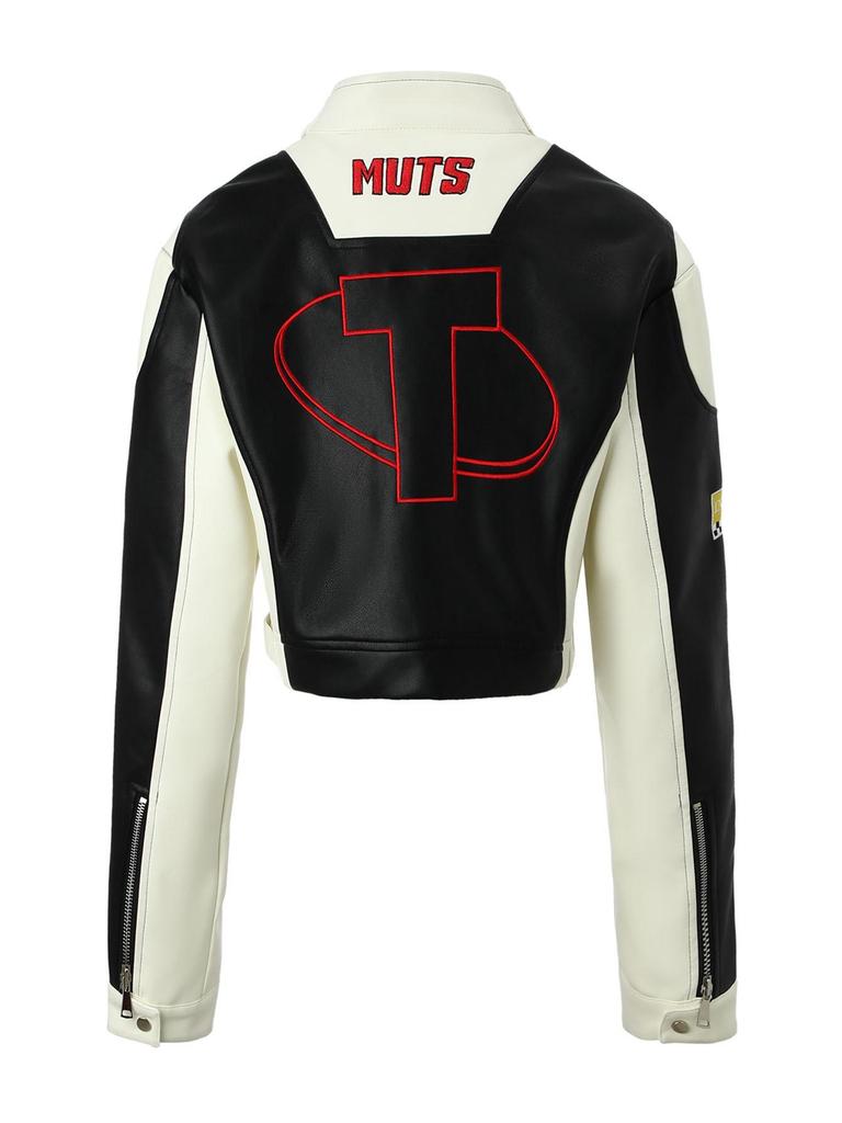 Damen PU-Leder Colorblock Motorradjacke mit gesticktem Abzeichen und Stehkragen