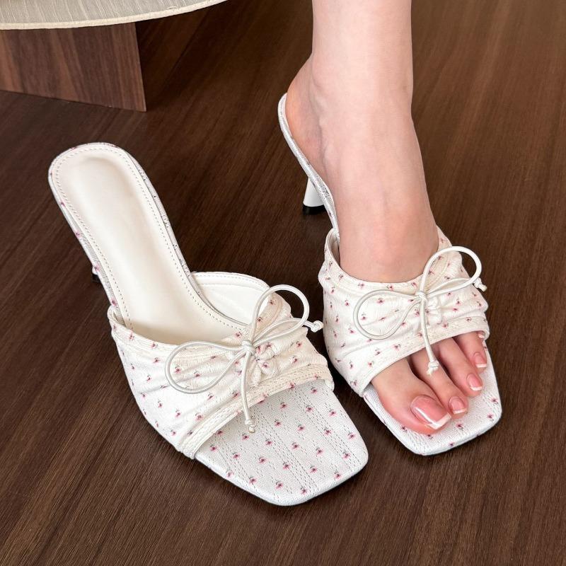 Women's Shoes Summer Square Toe High Heel Slipper Fashion French High Heel Sandals for Women Peep Toe Butterfly-knot Dress Slide
