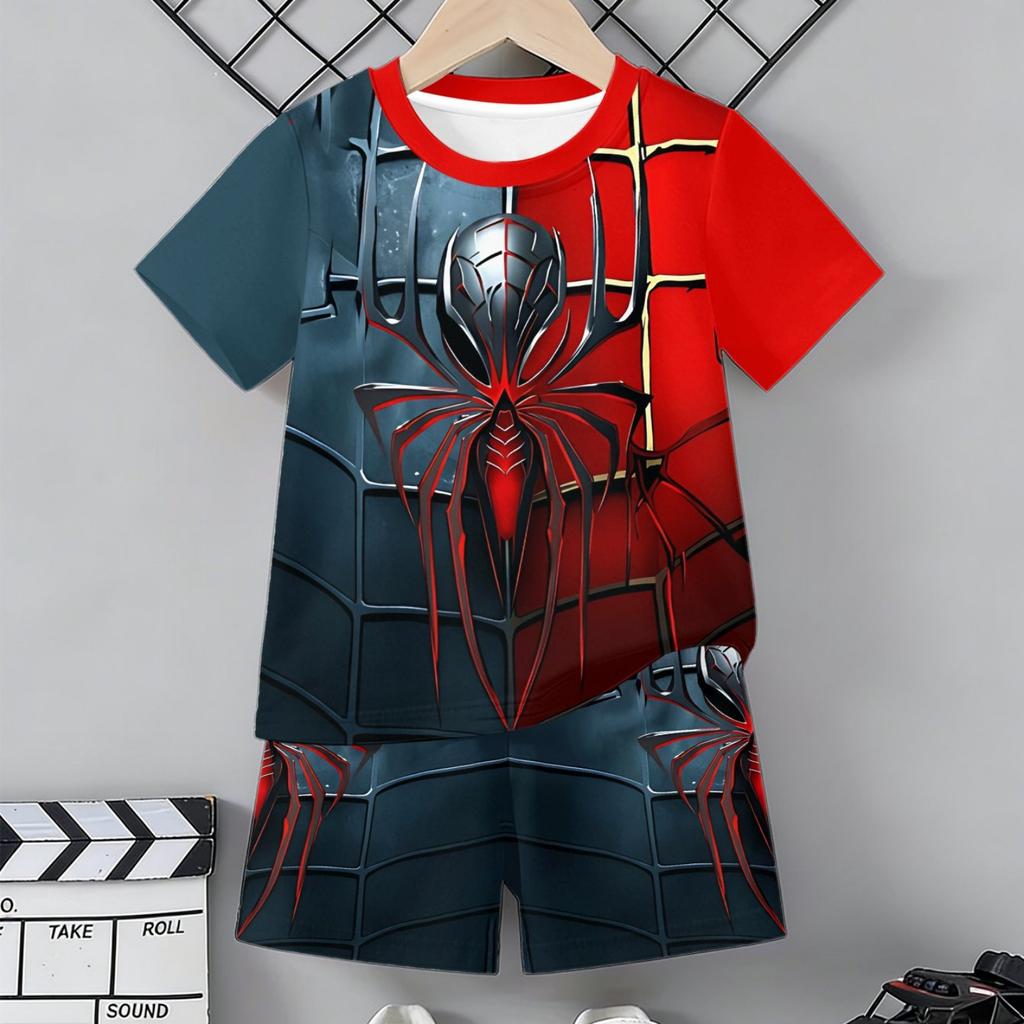 2-piece Boys' Short Sleeved Shorts Set, Casual and Fashionable Style, Fun Spider Pattern, Summer Outdoor Sports Outfit