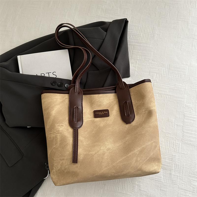 Retro Large-capacity Tote Bag Women's 2025 New Fashion Texture Shoulder Bag Simple Work Commuter Bag Splicing