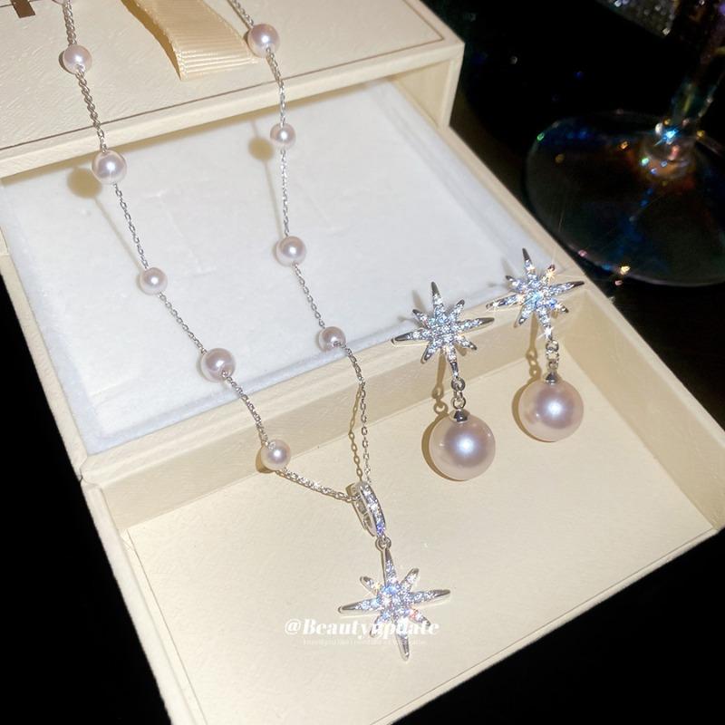 Super flash zircon mango pearl stud earrings necklace set, new light luxury and high-end sense, great-looking and exquisite jewelry.