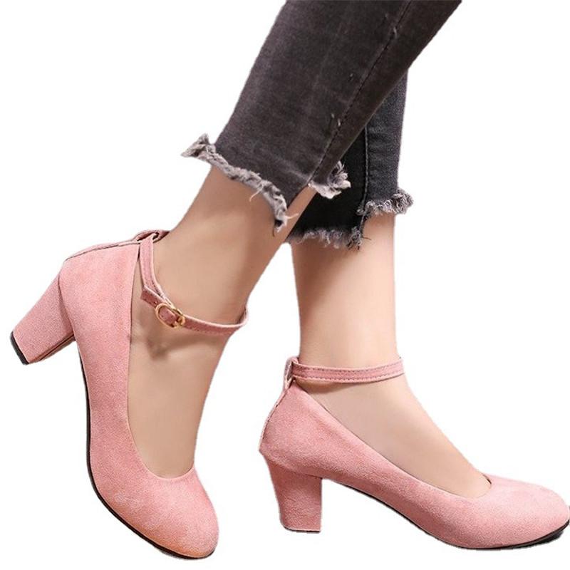 Fashion Women's Fashion Pumps Sweet Woman Thick High Heels Ankle Strap Flock Female Platform Mary Jane Women Shoes Ladies Footwear