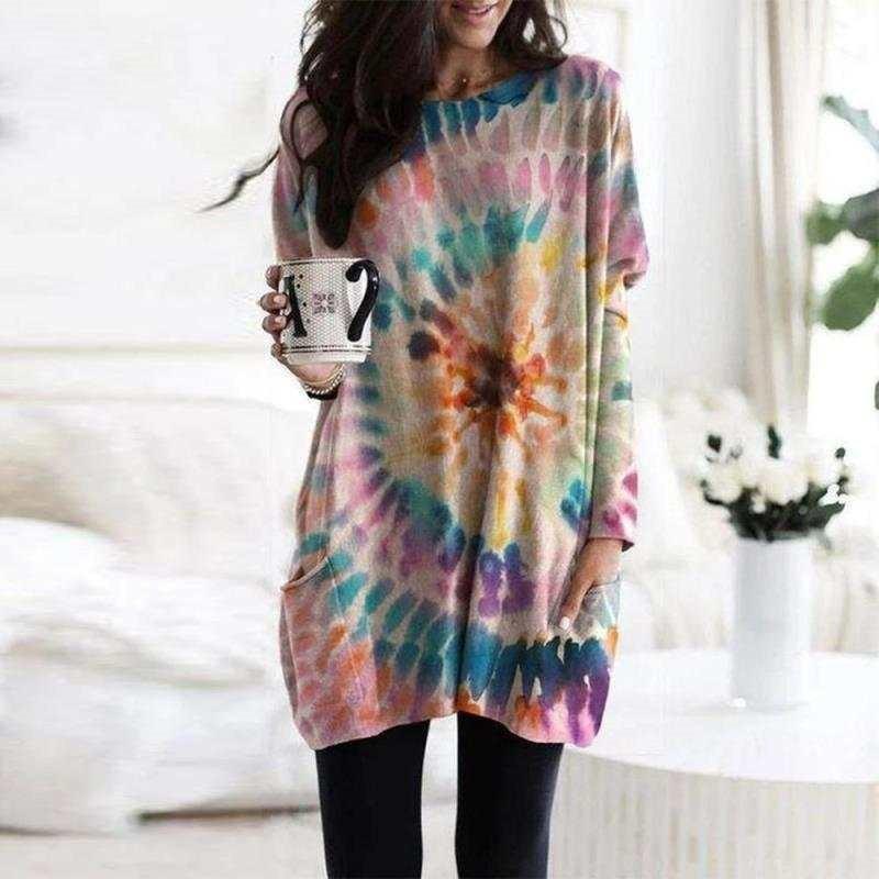 Wiosna Jesień Damska Tunika z Nadrukiem Tie Dye z Długim Rękawem Luźna Koszula z Kieszenią