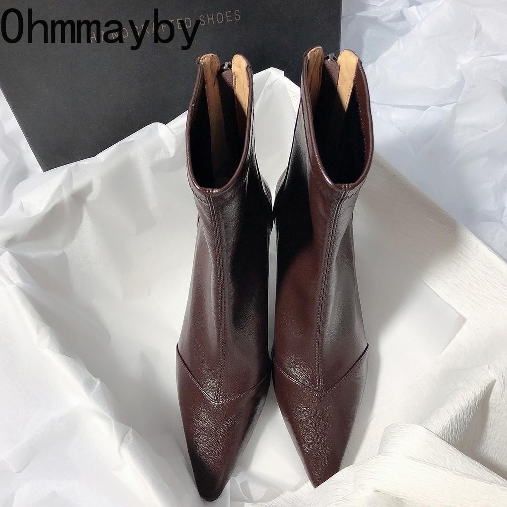 Herbst Vintage Spitzschuh Damen Stiefeletten Mode Weiches Leder Damen Elegant Hoher Absatz Kurzstiefel Für Damen