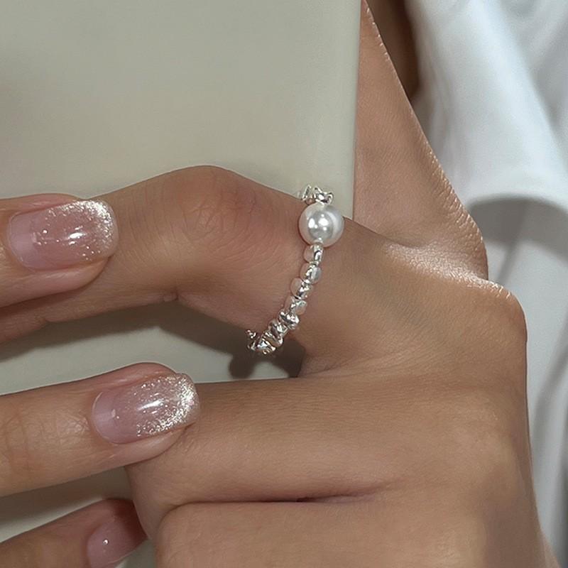 Pearl Beaded Ring Women's Elastic Rope Literary Stacking Index Finger Ring High-end Handmade Ring Jewelry
