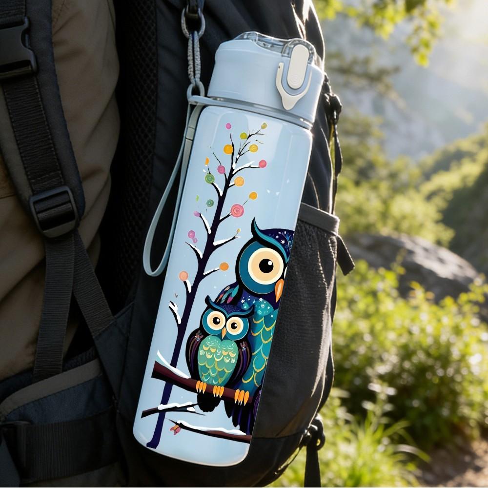 1PC Owl Tree Branch Floral Cartoon Print 750ml Color Plastic Sports Water Bottle Leakproof Flip Straw Lid Suitable for Sports Office Home Use