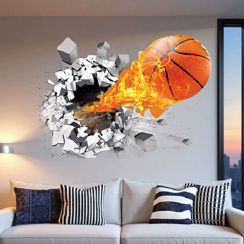 Kids Bedroom Wall Art Sticker With Fire Basketball Pattern Pvc Selfadhesive For Decor