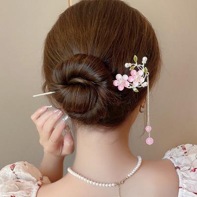 Classic Chinese Double Flower Hair Stick Pins for Women Flower Beaded Tassel Handmade Hairpins Jewelry Accessories Hair Ornament