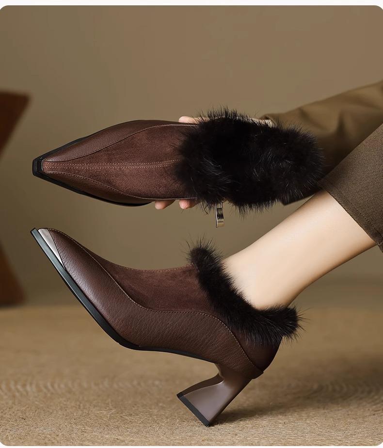 

2025 осень и зима новая норка волосы толстый каблук мягкая поверхность бархат глубокий вырез туфли-лодочки острый носок высокий каблук универсальные теплые женские ботильоны 40 коричневый