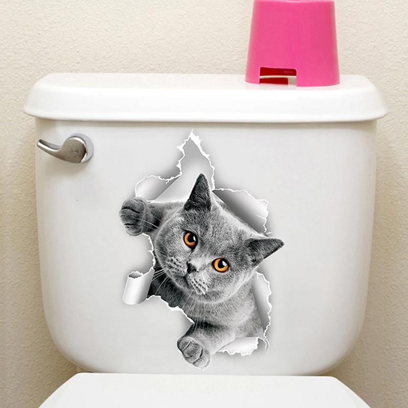 Funny 3D Kitten Toilet Seat Stickers Decals Waterproof Peel & Stick Restroom Animal Decals Decor For Bathroom Washroom