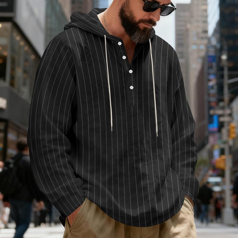 Spring and Autumn Men's Loose Large Size Casual Linen Striped Henley Long Sleeve Hooded Shirt