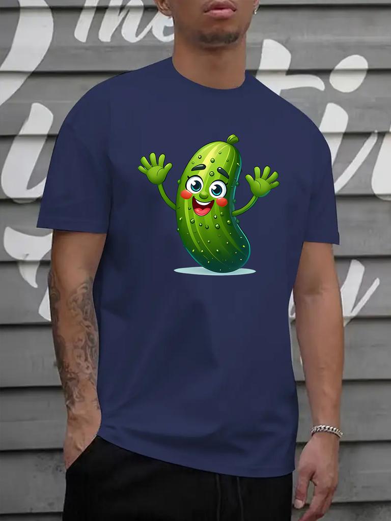 Unisex Beige Tee Happy Cartoon Cucumber Cute Vegetable Graphic Print Crew Neck Short Sleeve Summer Casual Male Cotton Street Top