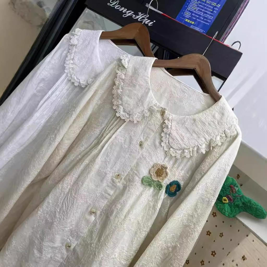 1116 Spring New Women's Lapel Japanese Cotton and Linen Shirt Loose Shirt Embroidered Mori Women's Long Sleeve Top