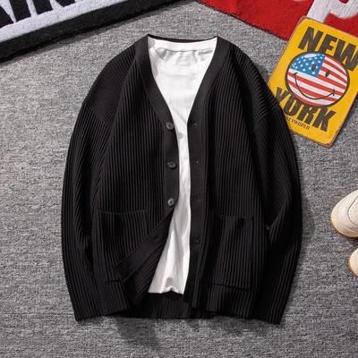 New Autumn V-neck Solid Color Knitted Cardigan Korean Version Knitted Top Slim Sweater Coat Men's Cardigan