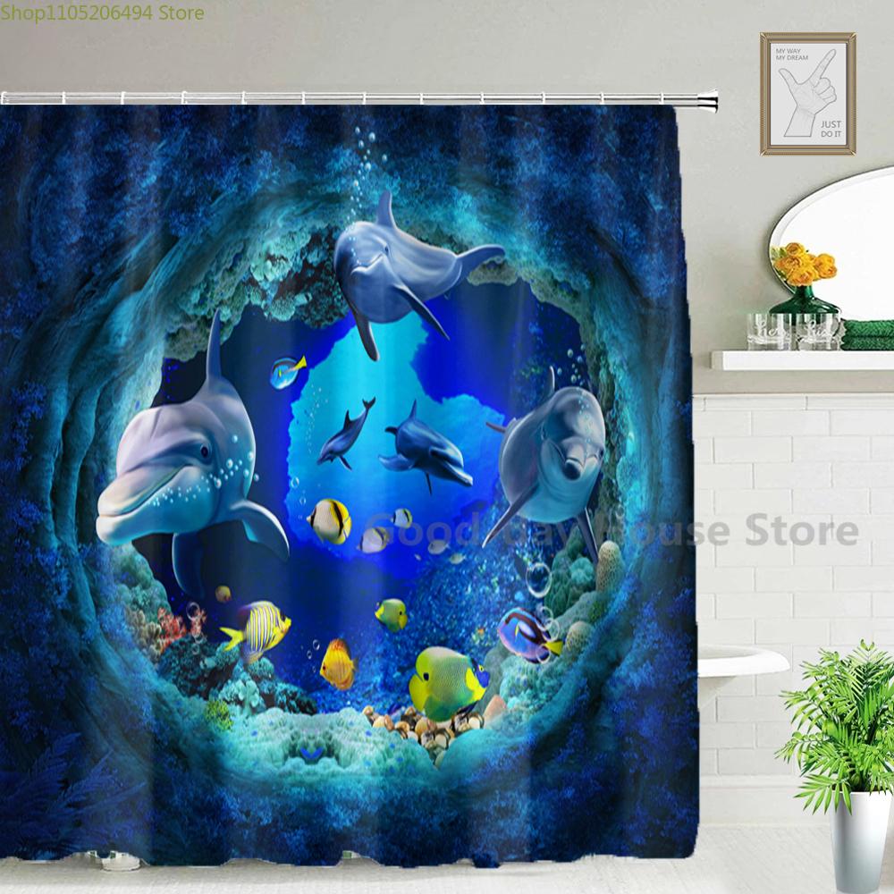 3D Dolphin Bathroom Shower Curtain Waterproof Polyester Fabric Kids Bath Curtain with 12 Hooks Cute Cortinas Washable Home Dec