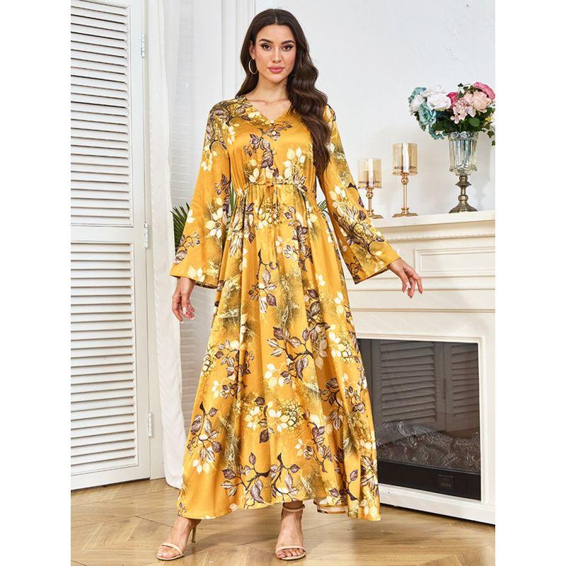 2025 Middle East Robe New Print European and American Yellow Waist Hugging Slimming Long sleeve Big Hemline Dubai Dress Dress