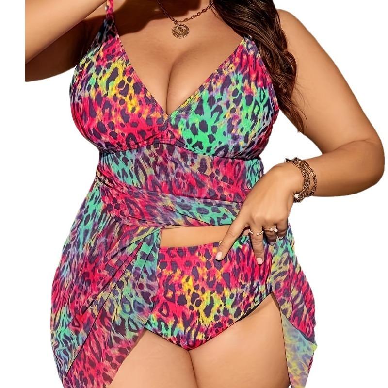 2024 New European and American Plus Size Sexy Split Tankini Leopard Print V-neck Sling One-piece Swimming