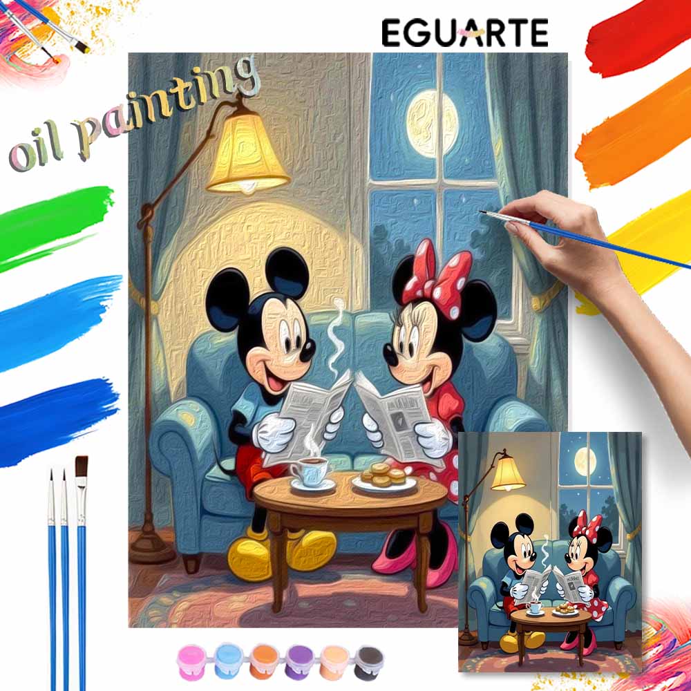 Disney Mickey Minnie Reading Oil Paint Art Painting Kit Home Wall Decor Handmade Gift Relaxing Time Cozy Lounge Room Modern Art Decor