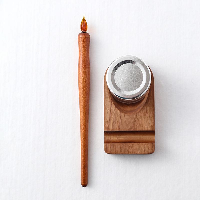 Cartoon Wooden Pen Holder with Glass Dip Pen, Light Color Outlining Pen, Drawing Pen, and Watercolor Brush