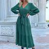 Chiffon Elegant Women Dress High Waist A-Line Long Sleeve V-Neck Knee Length Solid Autumn Winter
