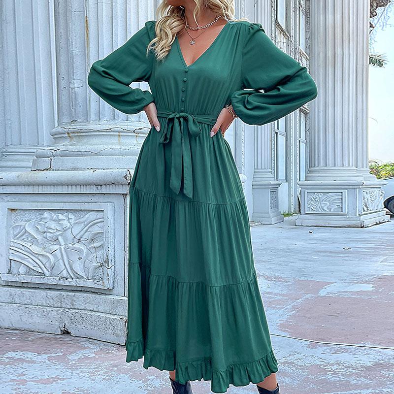 Chiffon Elegant Women Dress High Waist A-Line Long Sleeve V-Neck Knee Length Solid Autumn Winter