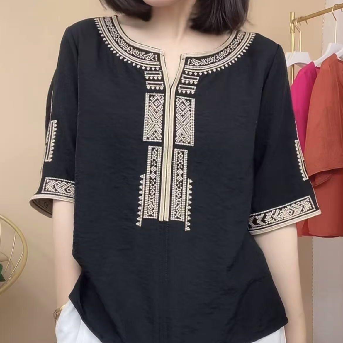 

Summer new dopamine wear literary retro cotton and linen short-sleeved top casual T-shirt M чорний